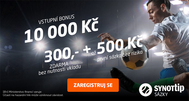 Synottip sázkový bonus 10 000 Kč, 300,- a 500 Kč bez rizika