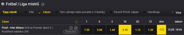 Tip na Plzeň vs Inter v Lize mistrů 13.9.2022