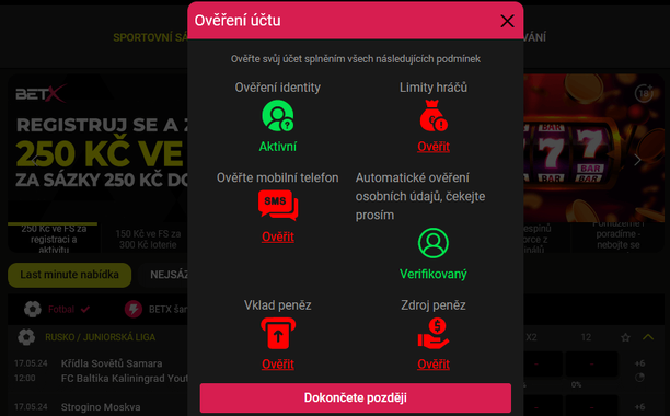 Dokončení registrace BetX online: Ověření účtu Bet-X CZ