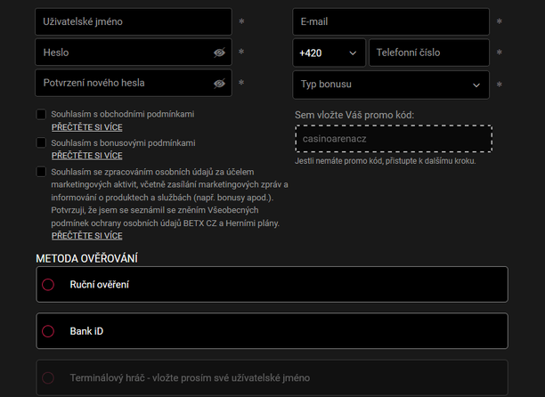 Registrace u Bet X CZ online: Založení účtu u sázkové kanceláře BetX