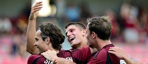 Sparťané se radují z gólu Jana Mejdra proti AIK Stockholm