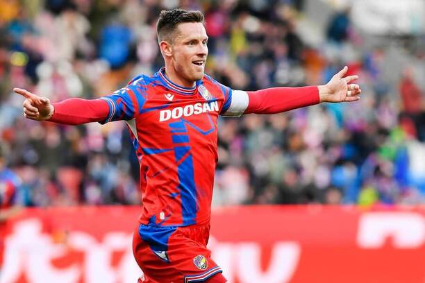 Lukáš Kalvach slaví branku proti Slovácku, 28. kolo Chance Ligy 2024–25