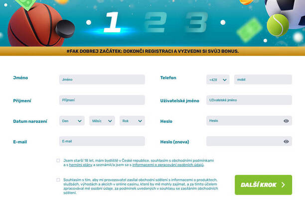 Registrační formulář u online sázkové kanceláře fBET