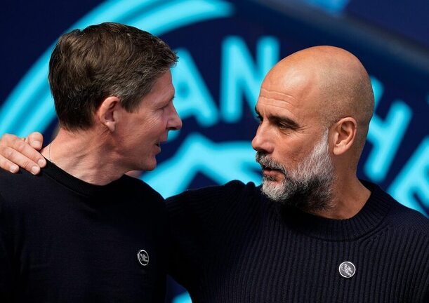 Oliver Glasner z Crystal Palace a Pep Guardiola z Manchesteru City, 32. kolo Premier League 2024–25
