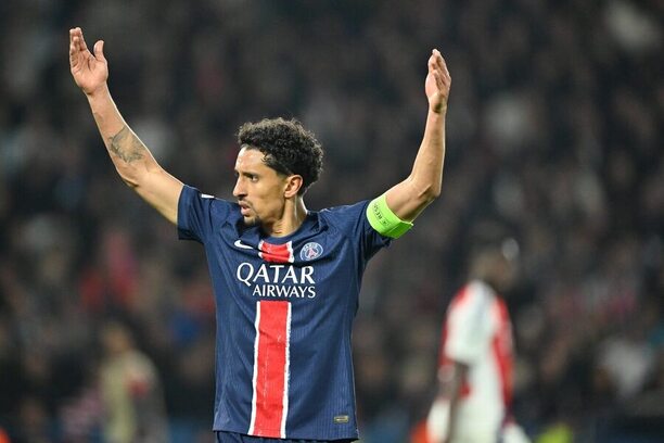 Marquinhos během odvetného zápasu s Arsenalem, semifinále Ligy mistrů 2024–25