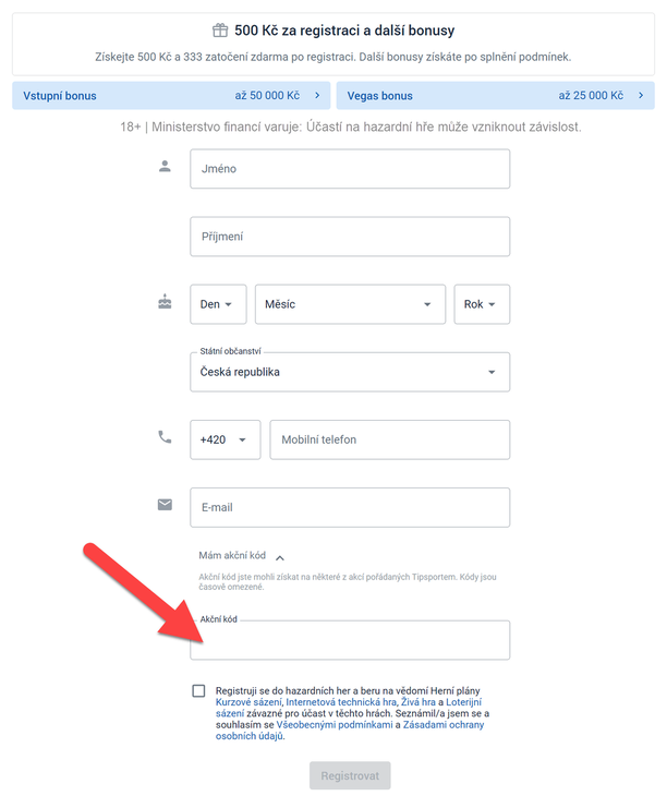 Kam zadat Tipsport akční kód při registraci