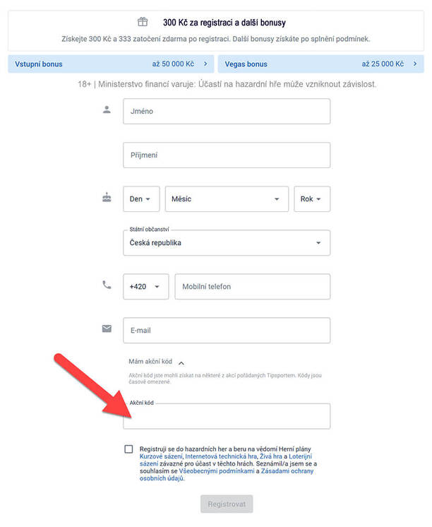 Kam zadat Tipsport akční kód při registraci