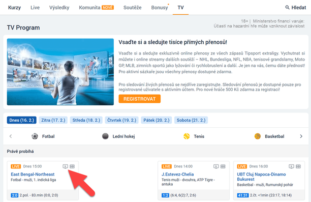 Ukázka, jak spustit fotbal na TV Tipsport