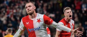 Tomáš Chorý se raduje z branky, Slavia - Dukla 2:0