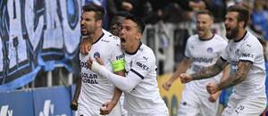 Radost hráčů Slovácka z gólu do sítě Baníku Ostrava