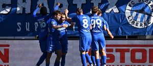 Hráči Slovanu Liberec se radují ze vstřelené branky