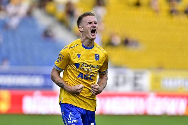 Matěj Radosta se raduje z&nbsp;gólu v&nbsp;zápase Teplic s&nbsp;Jabloncem